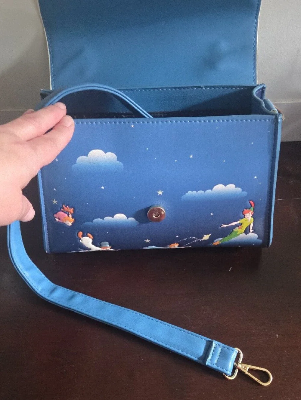 Loungefly Navy and Cream Peter Pan Clock-Print Satchel